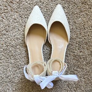 Bridal Ivory Lace Pointed-Toe Flats with Pearl Ankle Straps
